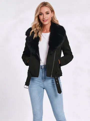 Chaqueta Moto de Gamuza Sintética para Mujer Cuello de Piel Sintética Desmontable Manga Larga Solapa Otoño Invierno Cálido
