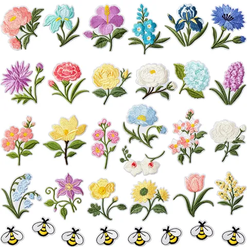 Pastoral Embroidered Flower Patch Peony Tulip Bee Iron On Applique For Jeans Jacket DIY Decorative Cloth Patches