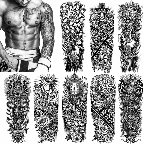 Pegatina de Tatuaje Temporal Impermeable de Brazo Completo Blanco y Negro Realista Lobo León Dragón Cráneo Brazo Flor Arte Corporal Falso Tatuaje para Hombres Mujeres
