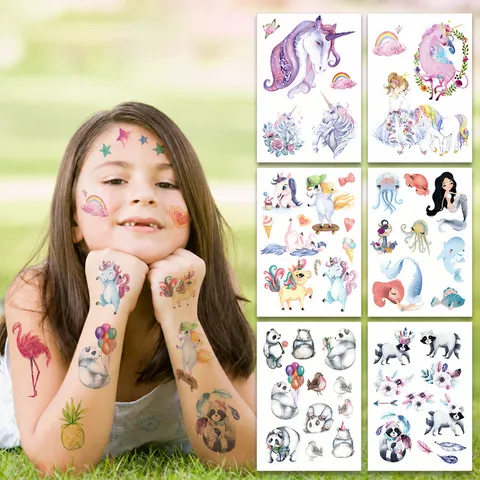 Pegatinas de tatuaje temporal impermeables de dibujos animados para niños Unicornio Flamenco Animal Flor Arte Corporal Decoración Fiesta