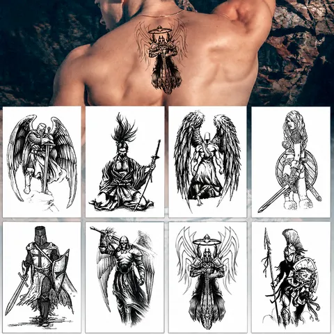Pegatina de Tatuaje Temporal Impermeable Boceto Blanco y Negro Caballero Guerrero Samurái Arte Corporal Pegatina de Transferencia