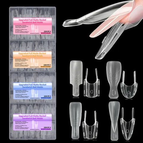 Upgraded Rocket Sandwich Nail Extension Molds Full Matte Seamless Multiple Size Plastic Resin Manicure Tools For Professional Salon DIY Nail Art