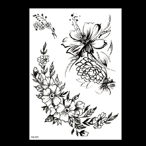 Pegatina de Tatuaje de Transferencia de Agua Estilo Oscuro Boceto Floral Rosa Serpiente Tatuaje Temporal para Mujeres Arte Corporal Impermeable