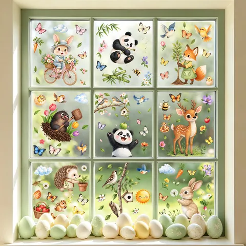 9 Fogli Adesivi per Finestre Animali Cartoni Animati Pasqua Coniglio Panda Adesione Statica PVC Vetro per Decorazioni Pasquali