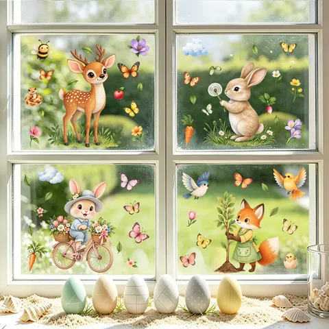 9 Fogli Adesivi per Finestre Animali Cartoni Animati Pasqua Coniglio Panda Adesione Statica PVC Vetro per Decorazioni Pasquali