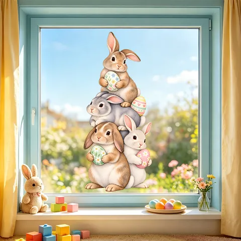 Pegatinas Estáticas de Ventana de Pascua Conejos Apilados Huevos Calcomanías de Vidrio Reutilizables para Decoración del Hogar