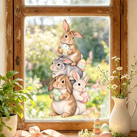 Pegatinas Estáticas de Ventana de Pascua Conejos Apilados Huevos Calcomanías de Vidrio Reutilizables para Decoración del Hogar