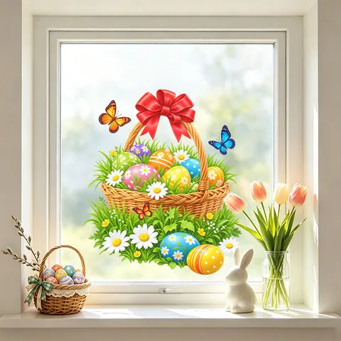 Pegatina Estática para Ventana Cesta Huevos Pascua PVC Calcomanía Floral Mariposa Decoración de Vidrio para Tienda y Hogar
