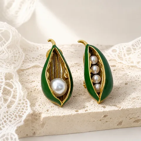 Vintage Erwtenschil Kunstparel Oorknopjes Voor Dames Frans Asymmetrisch Groen Emaille Zinklegering Oorbellen 925 Sterling Zilver Stift Sieraden