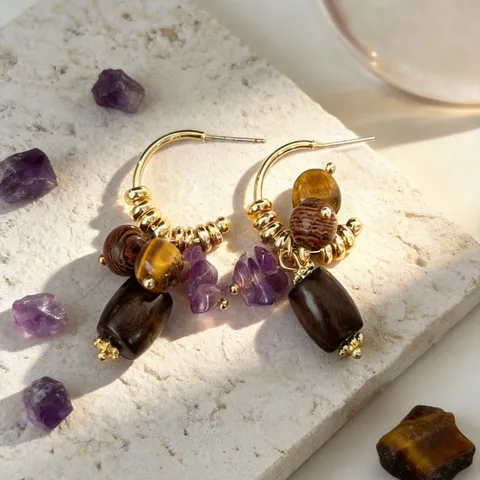 Vintage Tijgeroog Amethist Natuurlijk Houten Kraal Hangende Oorbellen Voor Vrouwen Handgemaakte Koperlegering 925 Sterling Zilver Stift Sieraden