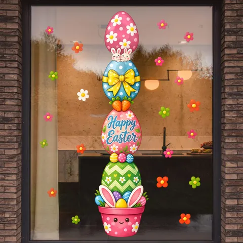 Pegatinas de Ventana de Pascua Conejo Huevo Maceta Rosa Calcomanías Estáticas para Vidrio Dibujos Animados Floral Hogar