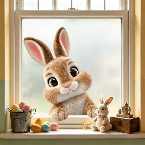 Pegatina para Ventana de Conejo de Pascua Adhesión Electrostática PVC Dibujos Animados Conejito Huevo Decoración para Puerta Vidrio