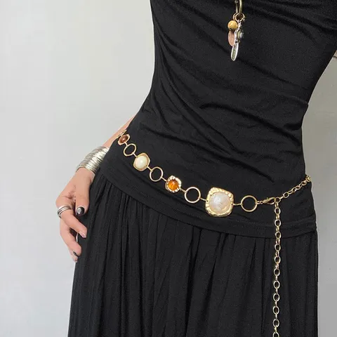 Catenella da Vita in Metallo Vintage da Donna Patchwork di Pietre Colorate Irregolari Cintura a Maglie Regolabile Stile Boho