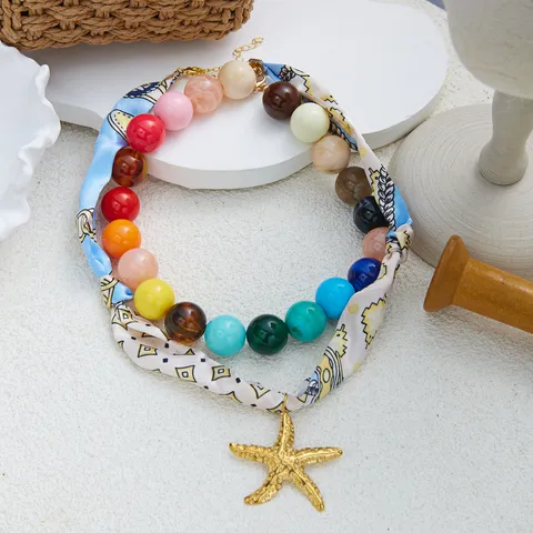 Stainless Steel Beaded Necklace With Printed Fabric Scarf Double Layer Heart Starfish Cross Pendant Retro Jewelry For Women