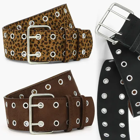Cintura da Donna Vintage Punk con Occhielli in Pelle PU Fascia Larga Fibbia a Doppio Ardiglione Stampa Leopardata Cintura Decorativa