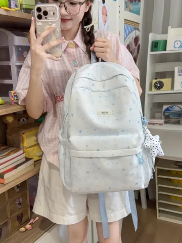 Star Print Large Capacity Backpack Cute Mori Girl School Bag Durable Nylon Student Bookbag For Teens Lightweight Daypack