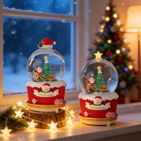 Caja de Música de Bola de Cristal de Navidad con Luces Coloridas Globo de Nieve Automático Resina Decoración de Escritorio Regalo