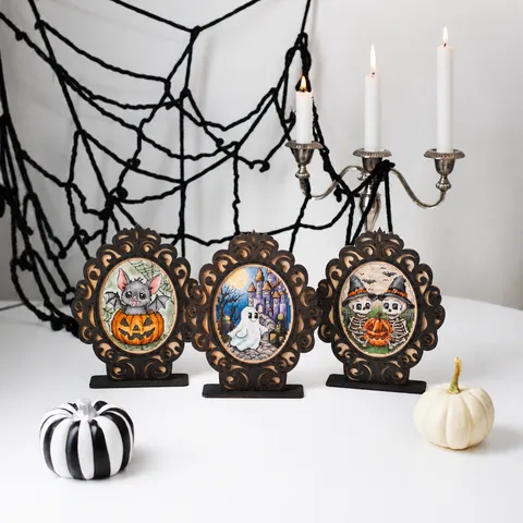 Halloween Ξύλινο Ajour Σταυροβελονιά Κορνίζα Φωτογραφίας Στολίδι Κολοκύθα Φάντασμα Σκελετός Επιτραπέζια Γιορτή Διακόσμηση