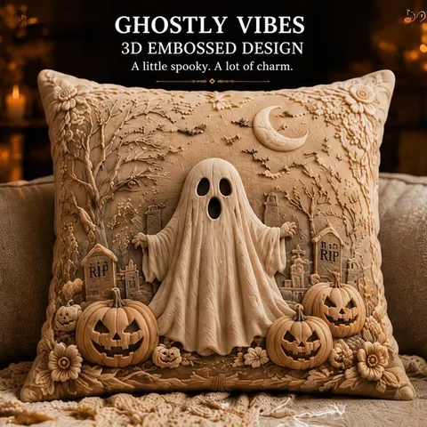 Housse de Coussin en Lin d'Halloween Gaufre 3D Citrouille Fantôme Housse de Coussin Décorative pour Salon Décoration