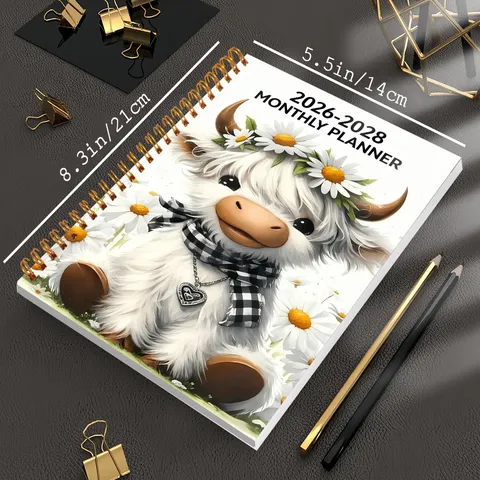 2026 2030 Monthly Planner Notebook Spiral Bound Highland Cow Pattern Daily Agenda Schedule Organizer Journal