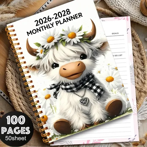 2026 2030 Monthly Planner Notebook Spiral Bound Highland Cow Pattern Daily Agenda Schedule Organizer Journal