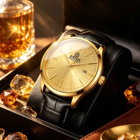 ZNIDS Orologio Meccanico Automatico da Uomo Lusso Cassa Oro Cinturino in Vera Pelle Nero Vetro Zaffiro Fondo Trasparente Orologio da Polso Business Casual con Calendario