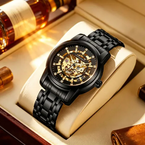 Luxury Men's Automatic Mechanical Watch Skeleton Skeleton Dial Stainless Steel Band Rhinestone Markers Sapphire Glass Waterproof Wristwatch