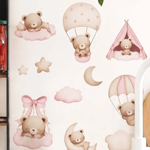 Sticker Mural Chambre d'Enfant Petit Ours Rose PVC Autoadesif Amovible Décoration Intérieure