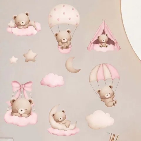 Sticker Mural Chambre d'Enfant Petit Ours Rose PVC Autoadesif Amovible Décoration Intérieure