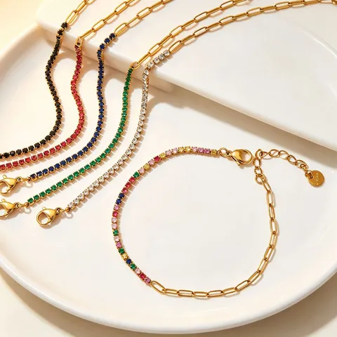 Stainless Steel Rhinestone Necklace And Bracelet Set For Women Men Fashion Jewelry Gold Plated Layered Colorful Rhinestone Chain