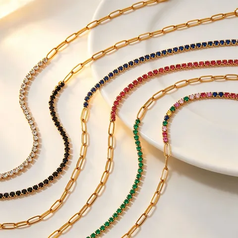 Stainless Steel Rhinestone Necklace And Bracelet Set For Women Men Fashion Jewelry Gold Plated Layered Colorful Rhinestone Chain