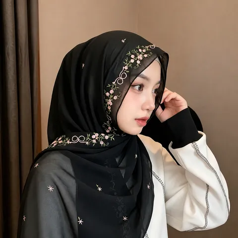 Womens French Gentle Floral Embroidery Chiffon Long Scarf Elegant Versatile Sun Protection Shawl Decorative Scarf