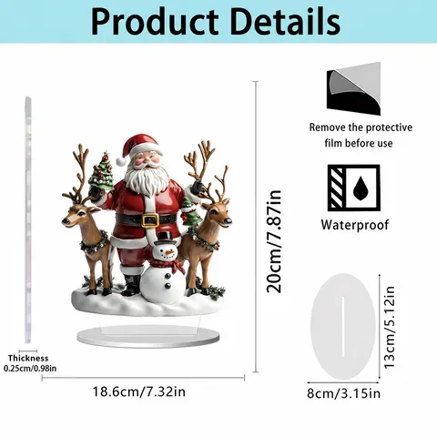Christmas 2D Flat Acrylic Desktop Ornament Santa Claus Reindeer Snowman Train Waterproof Festive Decoration For Home Study Room Living Room