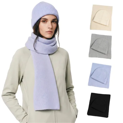 Ensemble Bonnet Et Écharpe En Tricot De Laine Couleur Unie Unisexe Hiver Chaud Beanie À Côtes Et Écharpe Longue Accessoires