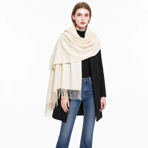 Écharpe Femme Couleur Unie Avec Glands Imitation Cachemire Chaude Épaisse Châle Pour Hiver Automne Polyester Grand Pashmina