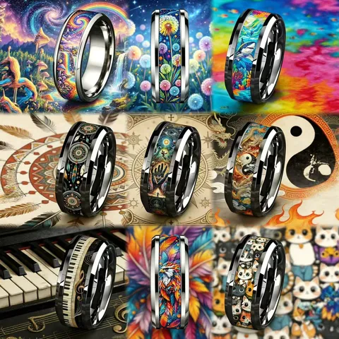 Anello Stampato in Acciaio Inossidabile per Uomo Donna Anime Animale Paesaggio Motivo Stile Punk Anello Lucido Gioielli di Moda