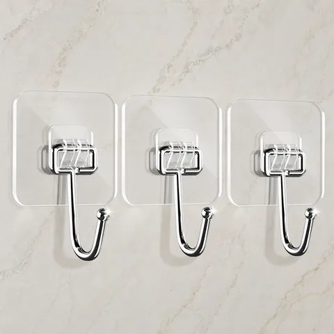 Ganchos Adhesivos Fuertes Transparentes De Pared Ganchos De Servicio Pesado Sin Taladro Sin Marcas Para Baño Cocina Puerta Plástico Transparente Acero Inoxidable Ganchos De Utilidad