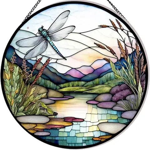 Acrylic Sun Catcher Window Hanging Ocean Wave Sunset Dragonfly Stained Glass Style Home Garden Decor