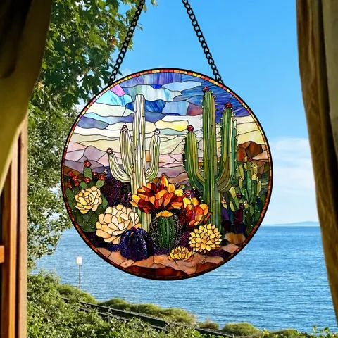 Acrylic Stained Glass Window Hanging Sun Catcher Round Decorative Panel Home Wall Decor Pendant Gift