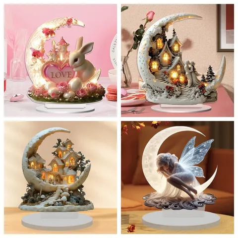Acrílico Plano Luna Conejo Hada Pareja Luz Nocturna LED Adorno Escritorio Luz Cálida San Valentín Regalo Decoración Hogar