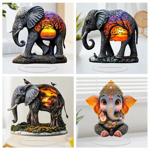 Acryl Zonsondergang Olifant Desktop Ornament Ganesha Bureau Decor Moderne Kunst Tafel Ornament Voor Slaapkamer Kantoor