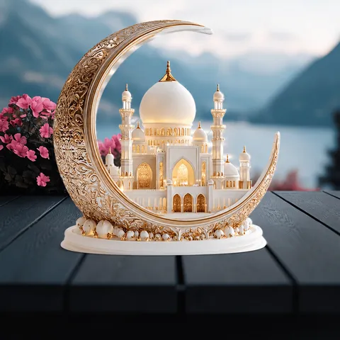 Acrylic Moon Mosque Architecture Standing Plaque Ornament LED Light Desktop Decoration Gift Home Decor