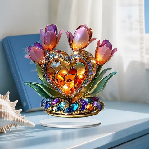 Flat Acrylic Tulip Heart Ornament Tabletop Decor Gift For Mother And Wife Birthday Home Decoration