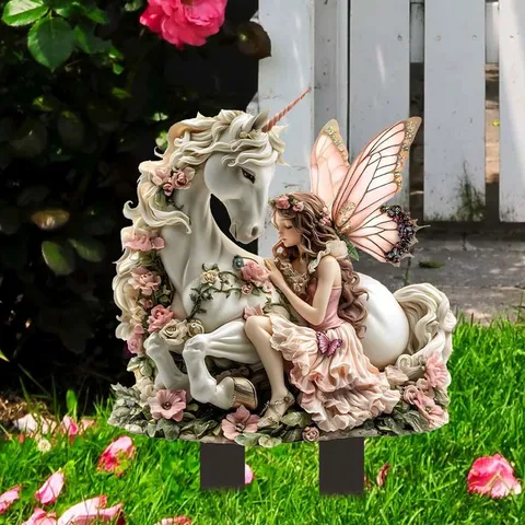 Acrylic Fairy Unicorn Garden Stake 2D Flat Winged Potted Plant Outdoor Yard Lawn Decorative Prop American Country Style