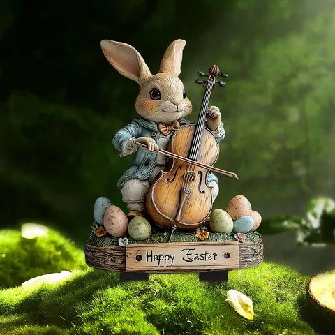 Easter Bunny Violin Acrylic Garden Stake Waterproof Outdoor Lawn Yard Decor American Country Style