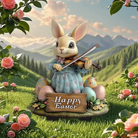 Easter Bunny Violin Acrylic Garden Stake Waterproof Outdoor Lawn Yard Decor American Country Style