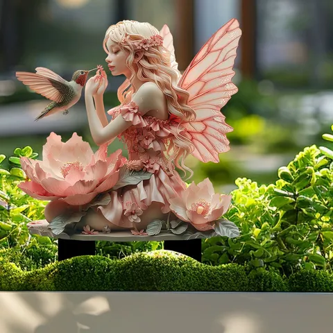 Bohemian Acrylic Fairy And Hummingbird Garden Stake Outdoor Yard Lawn Decorative Stake Plant Pot Ornament