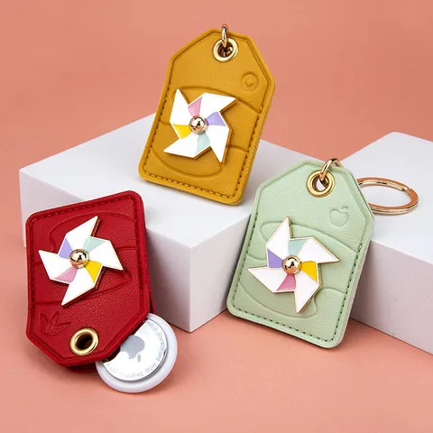 Leather Lucky Bag Keychain Access Card Holder Chinese Style Rotating Windmill Key Ring Pendant Bag Charm For Women Men