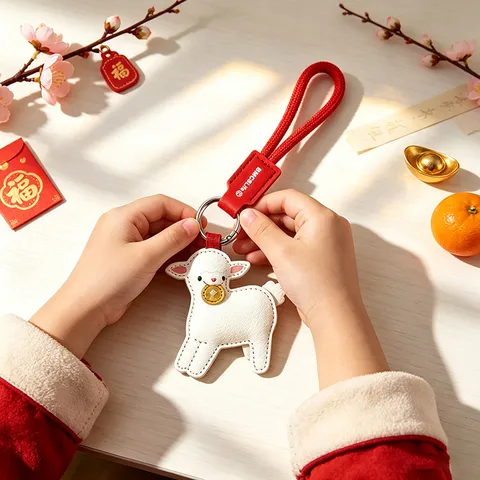 White Sheep Leather Keychain New Year Lucky Wealth Lamb Bag Pendant Red Woven Strap Key Ring Gift For Men Women Accessories