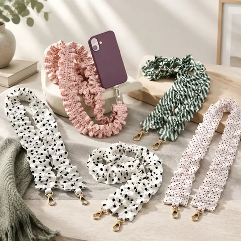 Fashionable Scrunchie Pleated Phone Lanyard Portable Bag Strap Crossbody Phone Strap With Metal Hooks And Tether Tab For Women